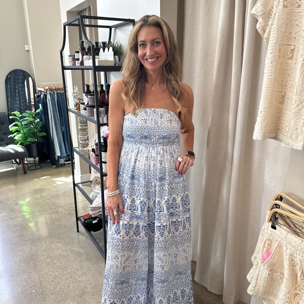 Blue and White Strapless jumpsuit